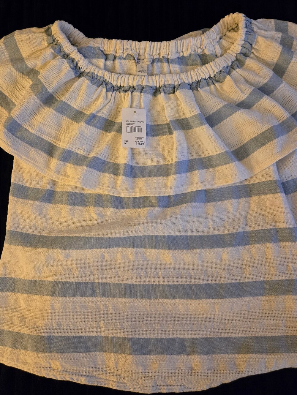 Cato Off The Shoulder Top Striped Ruffled Overlay Cotton Cream Blue Med NWT